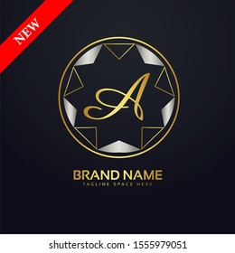 Initial letter A, decorative ornament emblem badge, elegant luxury silver gold color on black background