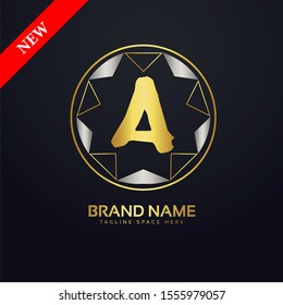 Initial letter A, decorative ornament emblem badge, elegant luxury silver gold color on black background