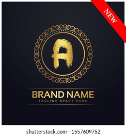 Initial letter A, decorative ornament emblem badge, elegant luxury silver gold color on black background