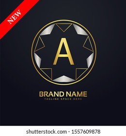 Initial letter A, decorative ornament emblem badge, elegant luxury silver gold color on black background