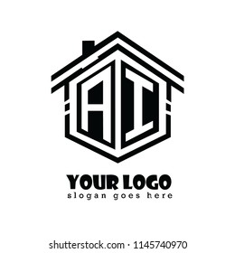 Initial letter A, I, AI house logo design, hexagonal shape