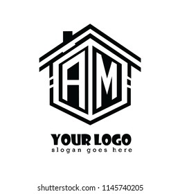 Initial letter A, M, AM house logo design, hexagonal shape
