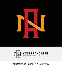 Initial letter A, N, AN or NA overlapping, interlock, monogram logo, red and orange color on black background
