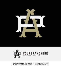 Initial letter A, P, AP or PA  overlapping, interlock, monogram logo, white and cream color on black background