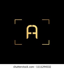 Initial letter AA AF FA minimalist art monogram shape logo, gold color on black background