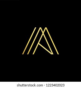 Initial letter AA AM MA minimalist art logo, gold color on black background.