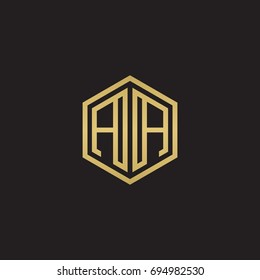 Initial letter AA mirror, minimalist line art hexagon logo, gold color on black background