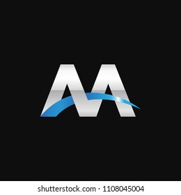 Initial letter AA, overlapping movement swoosh logo, metal silver blue color on black background