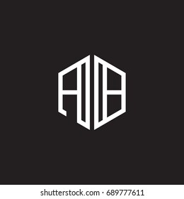 Initial letter AB, minimalist line art monogram hexagon shape logo, white color on black background