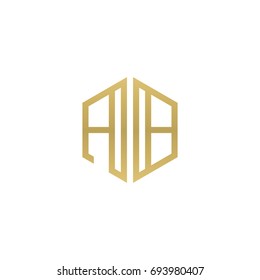 Initial letter AB, minimalist line art hexagon shape logo, gold color
