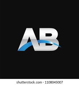 Initial letter AB, overlapping movement swoosh logo, metal silver blue color on black background