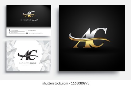 initial letter AC logotype company name colored gold and silver swoosh design. Vector sets for business identity on white background.