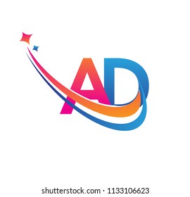 initial letter AD logotype company name colored orange, red and blue swoosh star design. vector logo for business and company identity.