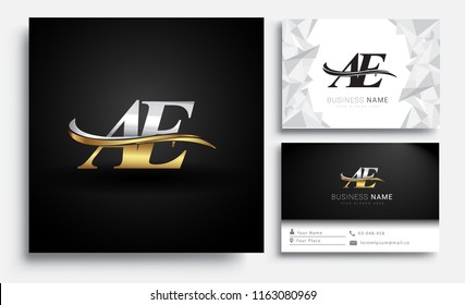 letra inicial Logotipo de AE nombre empresa de color oro y plata diseño de swoosh. Conjunto de vectores para la identidad empresarial sobre fondo blanco.