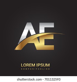 initial letter AE logotype company name colored gold and silver swoosh design. isolated on black background.