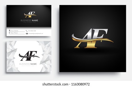 initial letter AF logotype company name colored gold and silver swoosh design. Vector sets for business identity on white background.