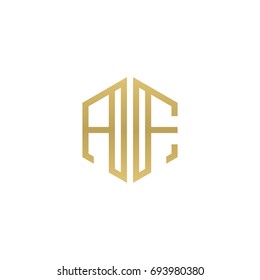 Initial letter AF, minimalist line art hexagon shape logo, gold color