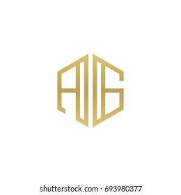Initial letter AG, minimalist line art hexagon shape logo, gold color