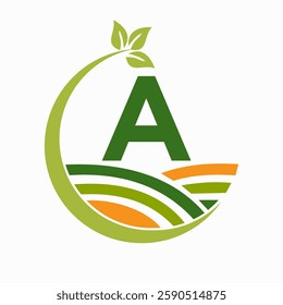 Initial Letter A Agriculture And Farming Logo Combine With Field and Leaf Symbol