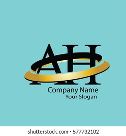 Initial letter  AH linked circle uppercase logo black gold.
