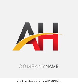 initial letter AH logotype company name colored red, black and yellow swoosh design. isolated on white background.
