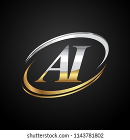 initial letter AI logotype company name colored gold and silver swoosh design. isolated on black background.