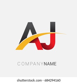 initial letter AJ logotype company name colored red, black and yellow swoosh design. isolated on white background.
