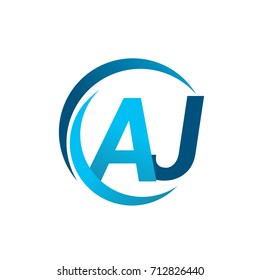 initial letter AJ logotype company name blue circle and swoosh design. vector logo for business and company identity.
