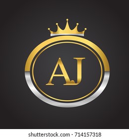 initial letter AJ logotype company name with oval shape and crown, gold and silver color. vector logo for business and company identity.