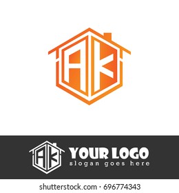 Initial Letter AK Linked Logo, House of Hexagonal Shape with Orange