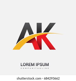 initial letter AK logotype company name colored red, black and yellow swoosh design. isolated on white background.
