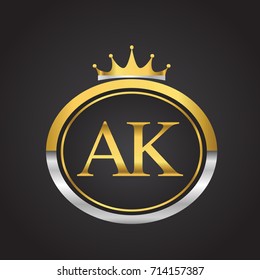 initial letter AK logotype company name with oval shape and crown, gold and silver color. vector logo for business and company identity.