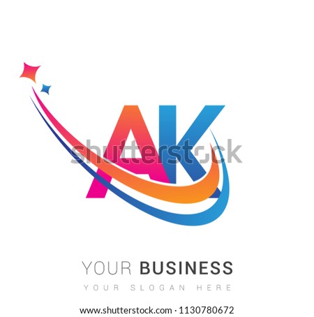 initial letter AK logotype company name colored orange, red and blue swoosh star design. vector logo for business and company identity.

