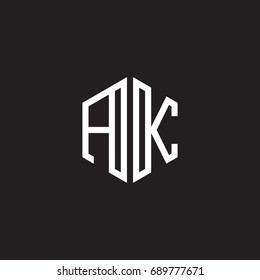 Initial letter AK, minimalist line art monogram hexagon shape logo, white color on black background