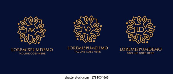 Letra inicial modelo de logotipo AK VD L D Luxury. Arte de línea elegante emblema de letras . Retro Vintage 
 o Logoype Vector elementos de diseño placa floral de estilo lineal de moda 
moda, belleza y joyería 