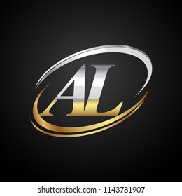 initial letter AL logotype company name colored gold and silver swoosh design. isolated on black background.