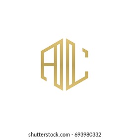 Initial letter AL, minimalist line art hexagon shape logo, gold color