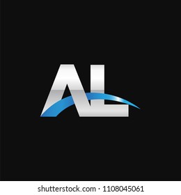 Initial letter AL, overlapping movement swoosh logo, metal silver blue color on black background