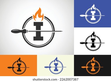 Initial I letter alphabet with a skewer and fire flame. Logo design for Barbecue, Seekh Kebab, etc.