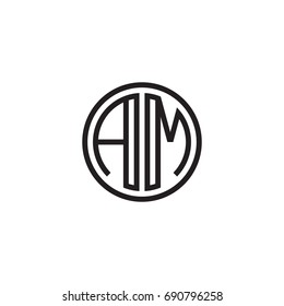 Initial letter AM, minimalist line art monogram circle logo, black color