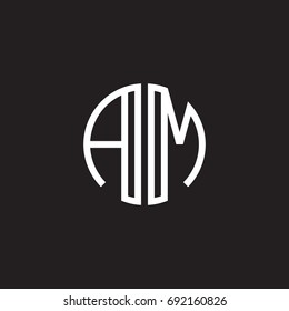 Initial letter AM, minimalist line art monogram circle shape logo, white color on black background