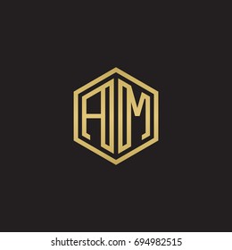 Initial letter AM, minimalist line art hexagon logo, gold color on black background