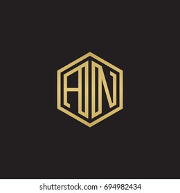 Initial letter AN, minimalist line art hexagon logo, gold color on black background