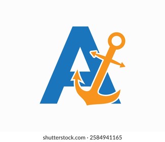 Initial Letter A Anchor Logo Design Concept For Boat, Ship, Yacht, Nautical Transport Symbol