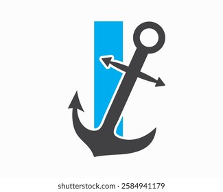 Initial Letter I Anchor Logo Design Concept For Boat, Ship, Yacht, Nautical Transport Symbol