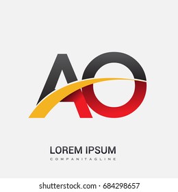 initial letter AO logotype company name colored red, black and yellow swoosh design. isolated on white background.
