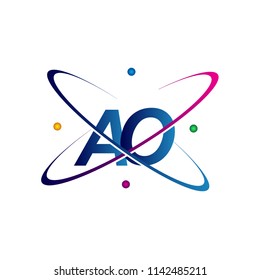 initial letter AO logotype science icon colored blue, red, green and yellow swoosh design. vector logo for business and company identity.
