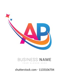 initial letter AP logotype company name colored orange, red and blue swoosh star design. vector logo for business and company identity.