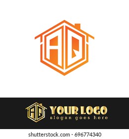 Initial Letter AQ Linked Logo, House of Hexagonal Shape with Orange