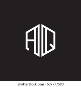 Initial letter AQ, minimalist line art monogram hexagon shape logo, white color on black background